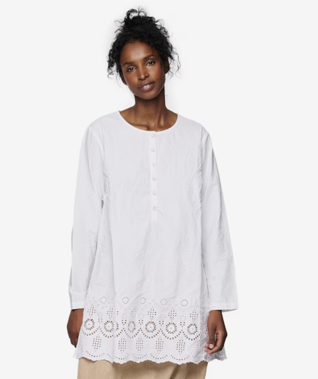Ewa i Walla Pim white broderie anglaise tunic worn by a model