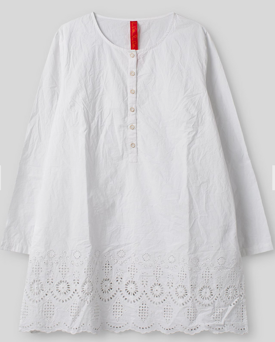 Ewa i Walla Pim white cotton broderie anglaise tunic, long sleeves, flat lay