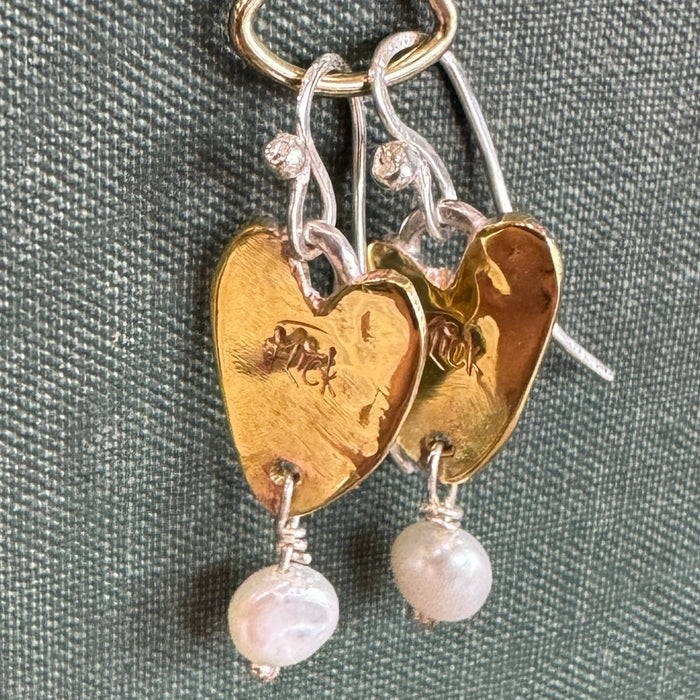 Flick Pope brass heart earrings with white pearl drops
