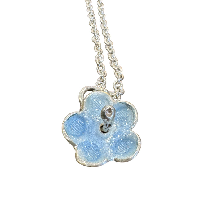 Flick Pope enamel flower necklace, light blue flower on a silver chain