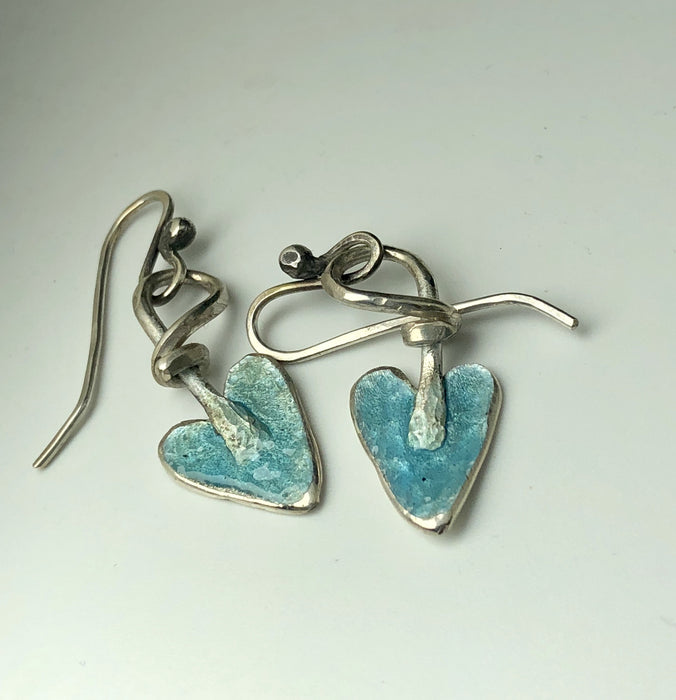 Flick Pope aqua enamel heart hook earrings, laid flat