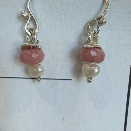 Flick Pope pink opal puff earrings with white pearls
