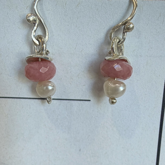 Flick Pope pink opal puff earrings with white pearls
