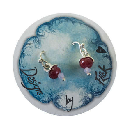 Flick Pope pomegranate puff earrings, red faceted beads on a Designs by Flick card