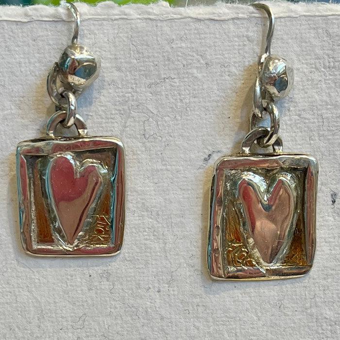 Flick Pope Postcard from the Heart earrings, brass hearts in silver frames