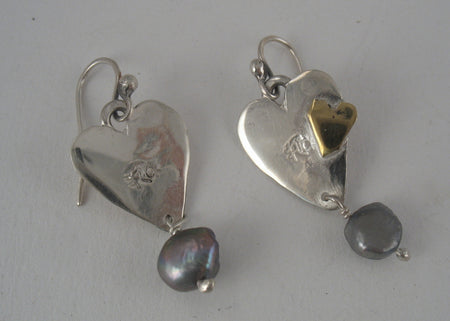 Flick Pope silver heart earrings with silver grey pearl drops
