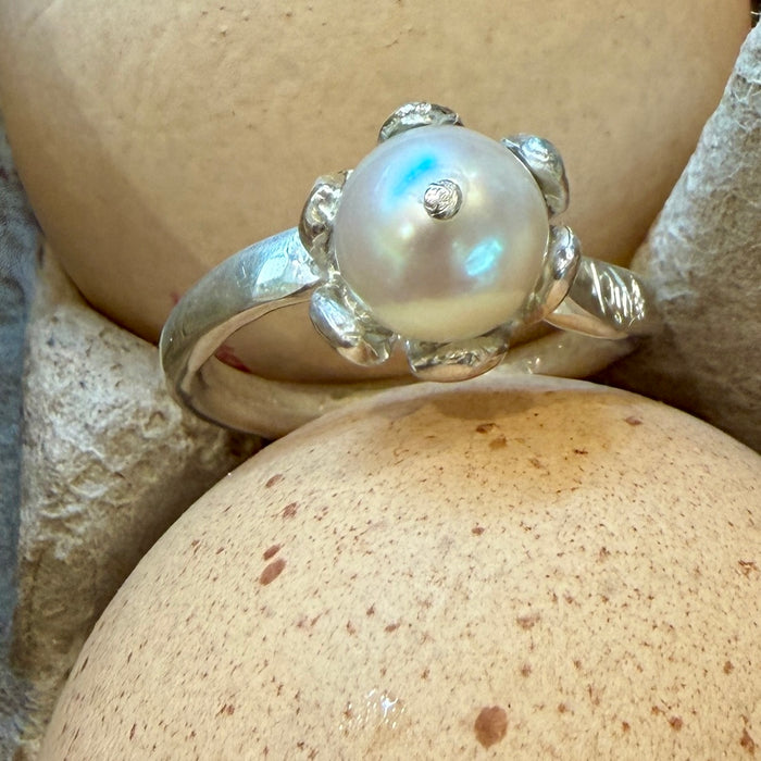 Designs by Flick white pearl flower ring by Flick Pope, alternate view