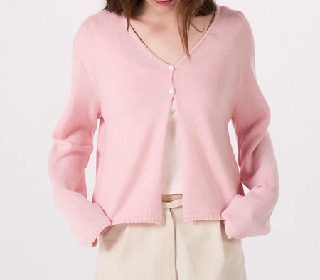 Francie Bella merino cardigan in barely pink, a V-neck knit, front view