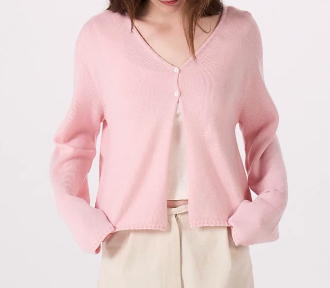 Francie Bella merino cardigan in barely pink, a V-neck knit, front view