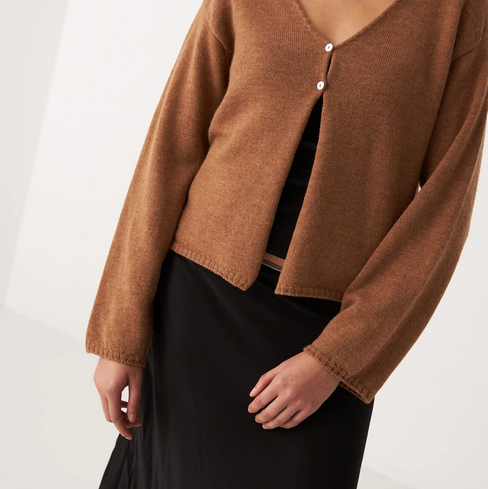 Francie Bella merino cardigan in brown sugar, close-up of the two-button V-neck