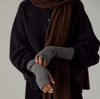 Francie Cloud possum merino scarf in chestnut brown, worn with grey fingerless gloves