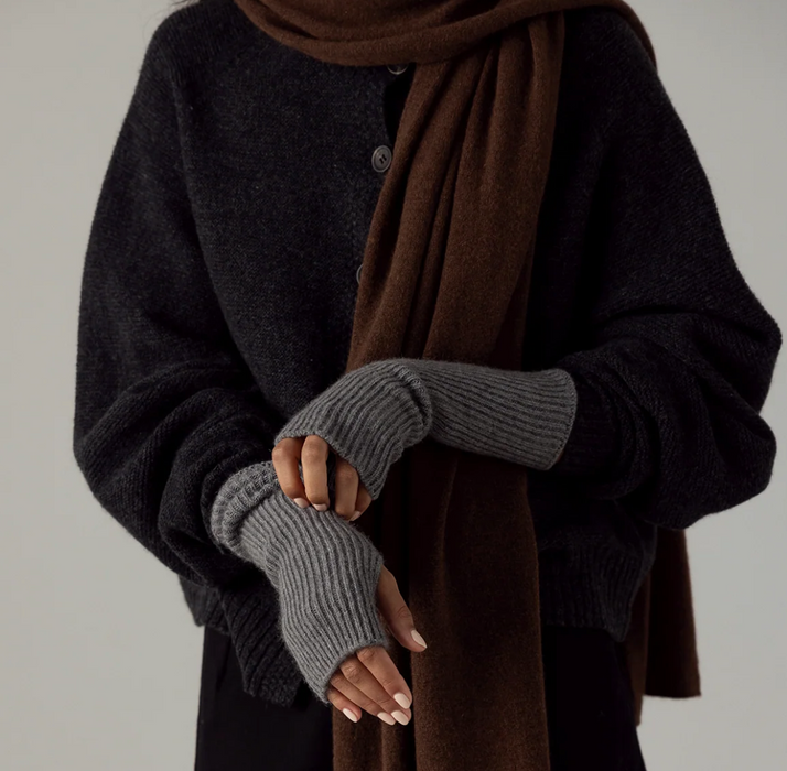 Francie Cloud possum merino scarf in chestnut brown, worn with grey fingerless gloves