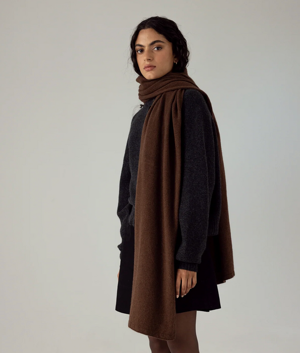 Francie Cloud possum merino scarf in chestnut brown, worn long over a black outfit