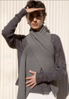 Francie Cloud possum merino scarf in granite grey, wrapped at the neck over a grey knit