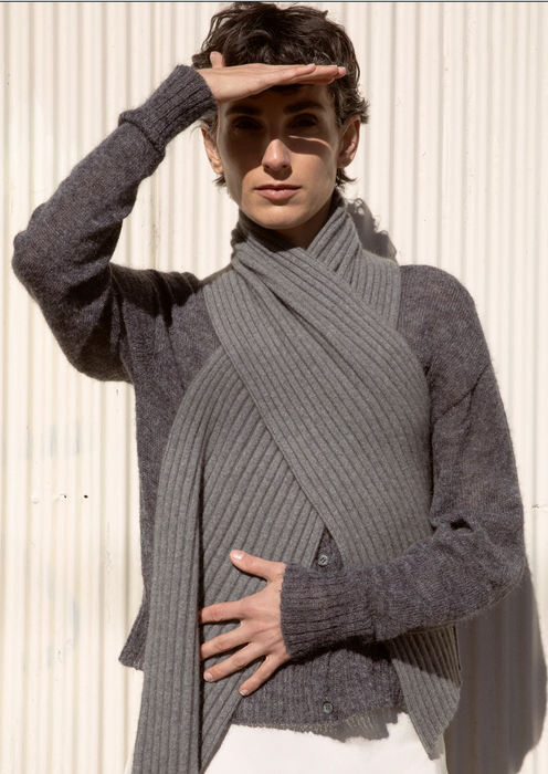 Francie Cloud possum merino scarf in granite grey, wrapped at the neck over a grey knit