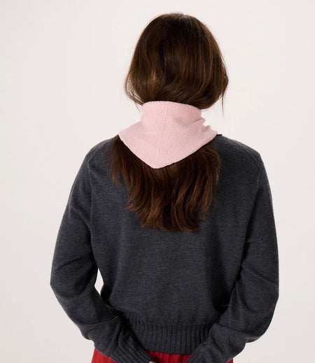 Francie Daisy merino scarf in barely pink, back view tied at the nape