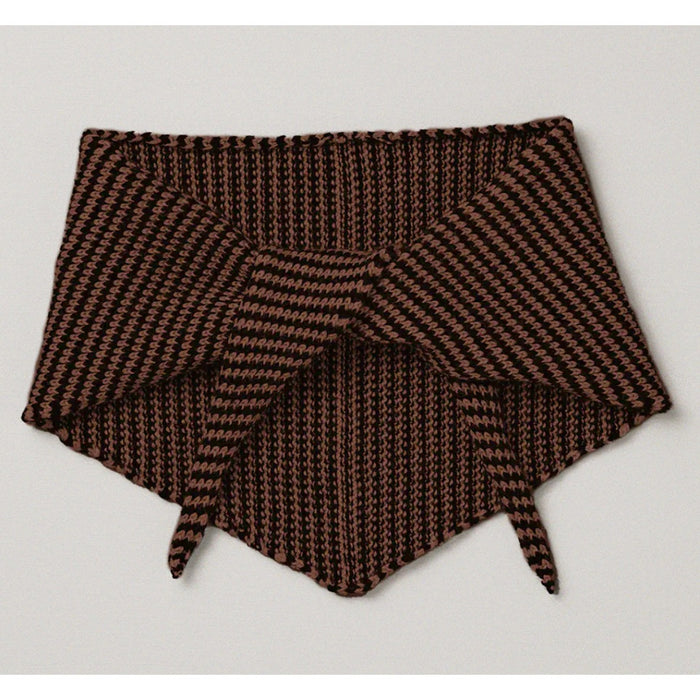Francie Daisy scarf in chestnut and black stripe, a knitted triangle neck scarf with tie ends, laid flat