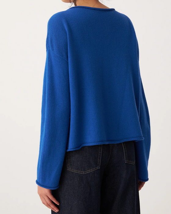 Francie Doll's reversible merino cardigan in azure blue, back view