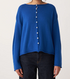 Francie Doll's reversible merino cardigan in azure blue, buttons at the front