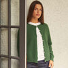 Francie Dusk cardigan in green, a crew neck button-front knit cardigan worn over a white tee