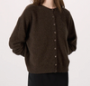 Francie Dusk cardigan in truffle, a dark brown crew neck knit with shell buttons