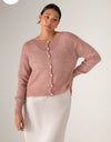 Francie Fleur mohair cardigan in dusk pink, buttoned with a white slip skirt