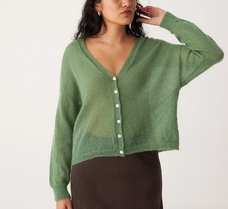 Francie Fleur mohair cardigan in green, a sheer V-neck knit, front view