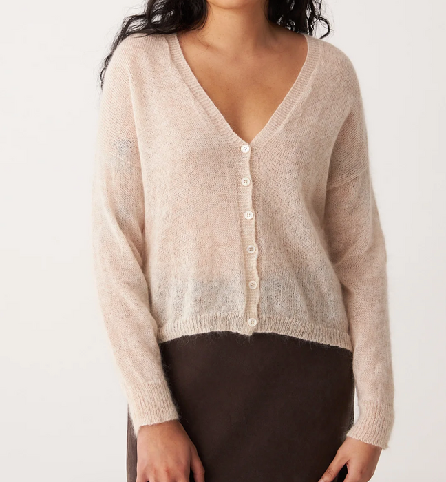 Francie Fleur mohair cardigan in pearl, worn with a brown skirt, front view