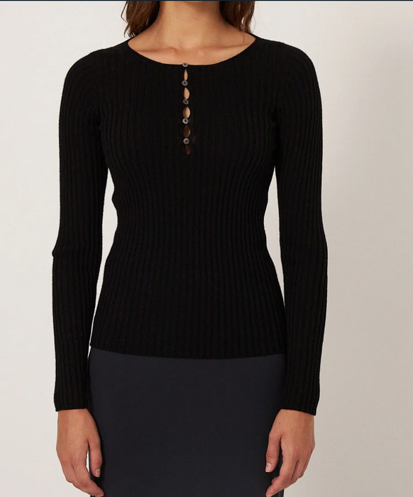 Francie Form ribbed merino henley top in black, front view