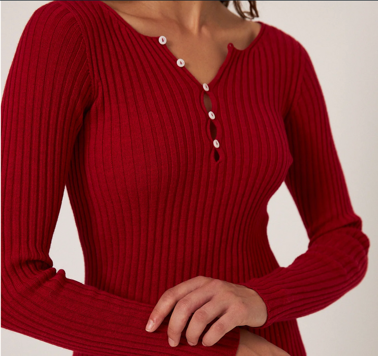 Francie Form ribbed merino henley top in red, close-up of the rib knit