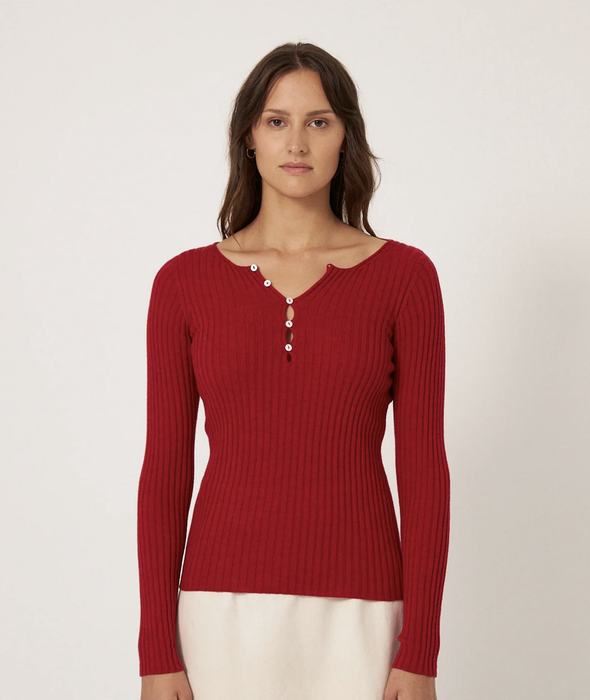 Francie Form ribbed merino henley top in red, front view