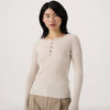 Francie Form ribbed merino top in ivory, with shell buttons, front view