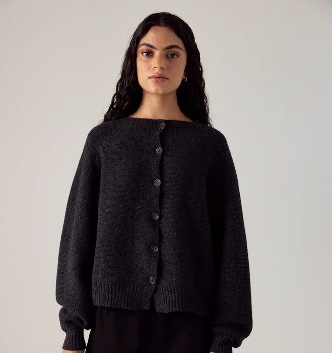 Francie Loft merino cardigan in charcoal, worn buttoned up, front view