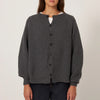 Francie Loft merino cardigan in charcoal, a relaxed fit grey knit cardigan worn over a white tee