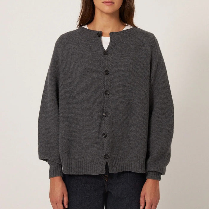 Francie Loft merino cardigan in charcoal, a relaxed fit grey knit cardigan worn over a white tee