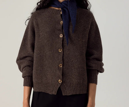 Francie Loft merino cardigan in cocoa, a brown button-front knit, front view