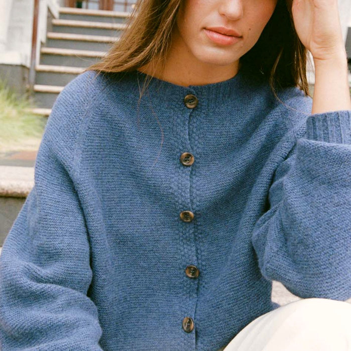 Francie Loft merino cardigan in fjord blue, a soft blue knit cardigan with tortoiseshell buttons
