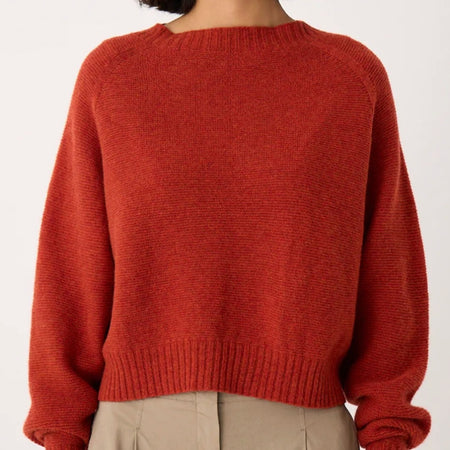 Francie Poet knit jumper in amber rust, a cropped crew neck jumper with raglan sleeves and ribbed hem