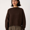 Francie Poet knit jumper in cocoa, a cropped dark brown crew neck jumper worn with tailored trousers