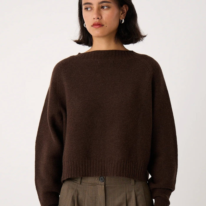Francie Poet knit jumper in cocoa, a cropped dark brown crew neck jumper worn with tailored trousers