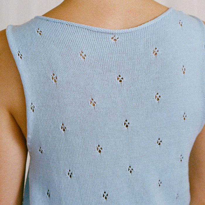 Back view of the Francie Posy cotton knit top in sky blue, showing the open-work pointelle knit