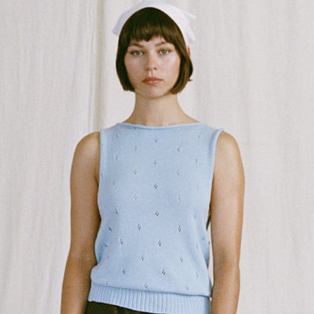 Francie Posy cotton knit top in sky blue, a sleeveless pointelle knit tank with boat neckline, front view