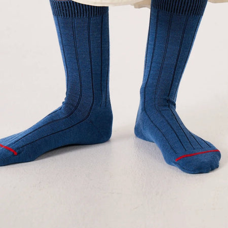 Francie Tip toe crew socks in lake blue with cherry red toe trim, ribbed merino socks worn with a skirt