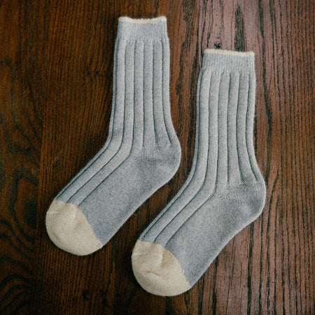 Francie Yin & Yang ribbed possum merino socks in pearl grey with cream toe and cuff
