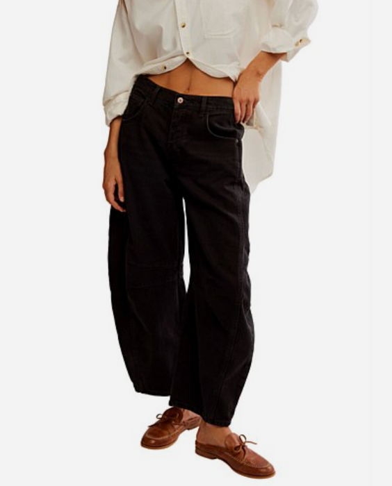 Free People Good Luck barrel jeans in black, styled with a white shirt
