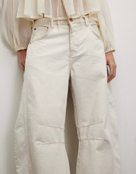 Free People Good Luck barrel jeans in ecru white denim, worn front view