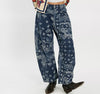 Free People Good Luck barrel jeans in navy bandana paisley print, front view