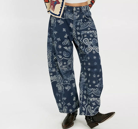 Free People Good Luck barrel jeans in navy bandana paisley print, front view