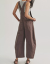 Free People Good Luck barrel overalls in chocolate brown denim, back view