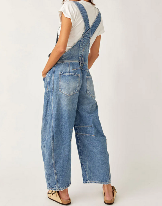 Free People Good Luck barrel overalls in light blue denim, back view